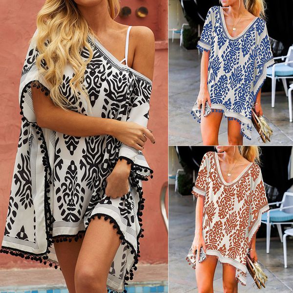 

2020 womens dress beach cover up pareo bathing suit coverup swimwear plus size tunics women's wear dress bikini, White;black