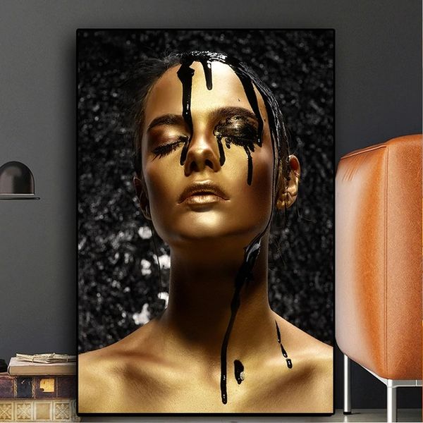 

black and gold woman painting on canvas poster and prints modern wall picture for living room home decor mural lienzo decorativo