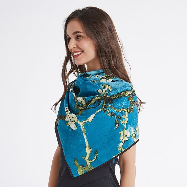 

new style women's oil painting twill silk printed shawl scarf light luxury women's extended scarves grade gift scarves, Blue;gray