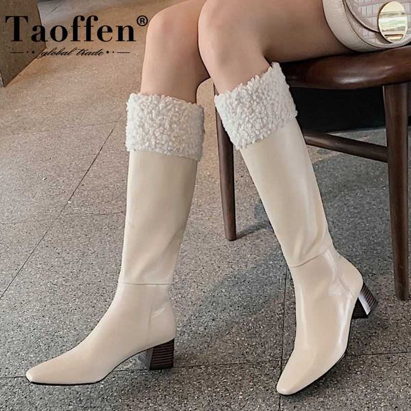 

boots taoffen real leather women knee thick heel fur square toe zipper shoes warm fahion party footwear size 33-40, Black