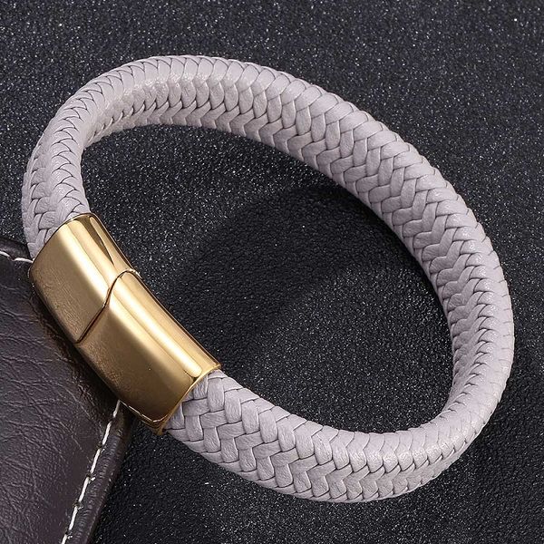 

new light gray braided leather bracelet men jewelry gold magnetic buckle charm bangles fashion male wristband gifts s0225, Golden;silver