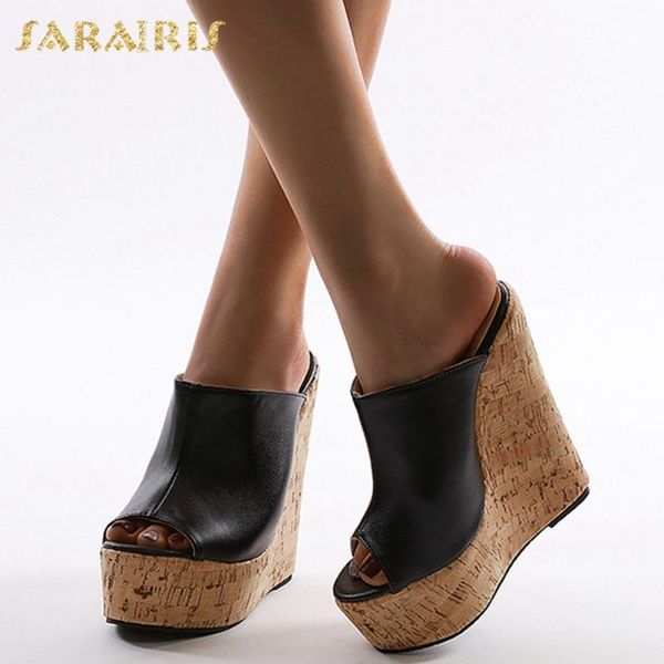

sarairis 2020 new arrivals big size 42 summer shoes women slippers platform peep toe wedge high heels pary lady pumps woman, Black