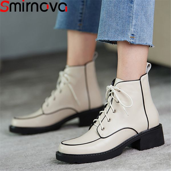 

smirnova 2020 new arrival women brand boots square heels round toe mixed colors ankle boots genuine leather ladies shoes, Black