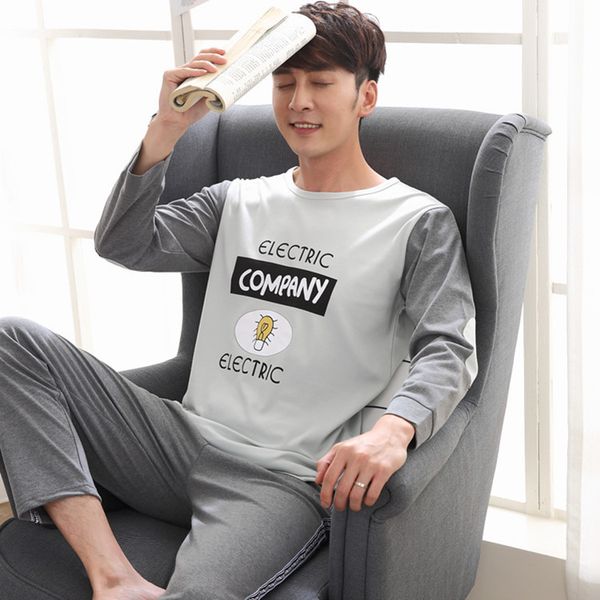 

men's sleepwear samwestart cotton pajamas casual spring autumn men pullover one neck letter long sleeve homewear set, Black;brown