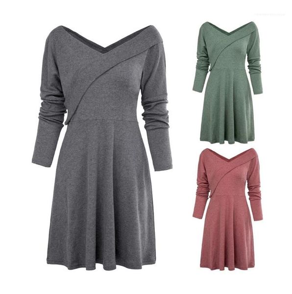 

ladies business dress long sleeve v neck women dresses spring autumn solid color mid waist long dress casual, Black;gray