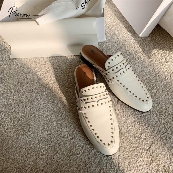 

prowow new style real leather woman summer slippers round toe black white thick low heel women shoes slippers casual shoes woman