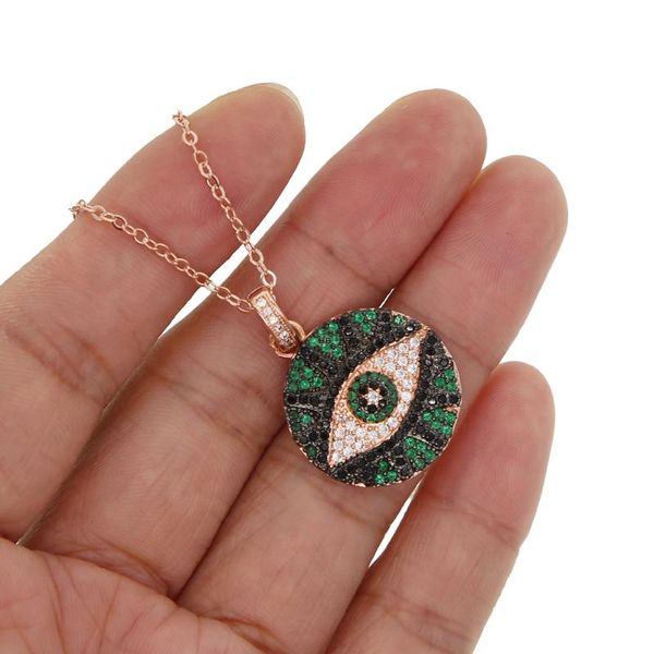 

fashion black green white cubic zirconia turkish evil eye pendant bohemia rose gold color necklace for women lady lucky jewelry, Silver