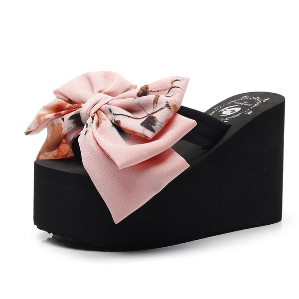

11cm high heel women's ultra-high bowknot slippers woman large size muffins thick bottom non-slip sandals women's wedge sandals, Black
