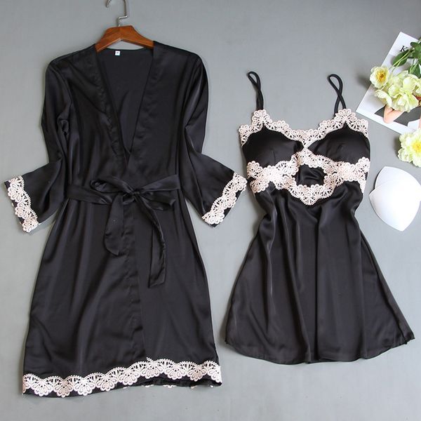 

summer kimono bathrobe gown for women 2pcs robe set lace bride bridesmaid wedding gown satin sleepwear large size nightgown, Black;red