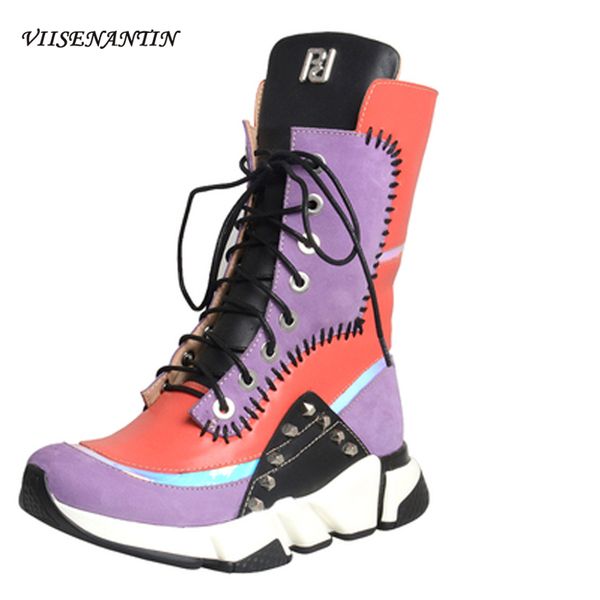 

female high-sports boots all-match casual wedge rivet lace-up leather bootie flat platform comfortable boot, Black