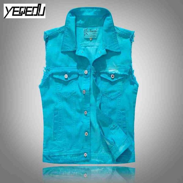 

#3407 2020 denim vests for men punk slim ripped biker vest streetwear sleeveless jacket cardigan vintage gilet moto blue hip hop, Black;white