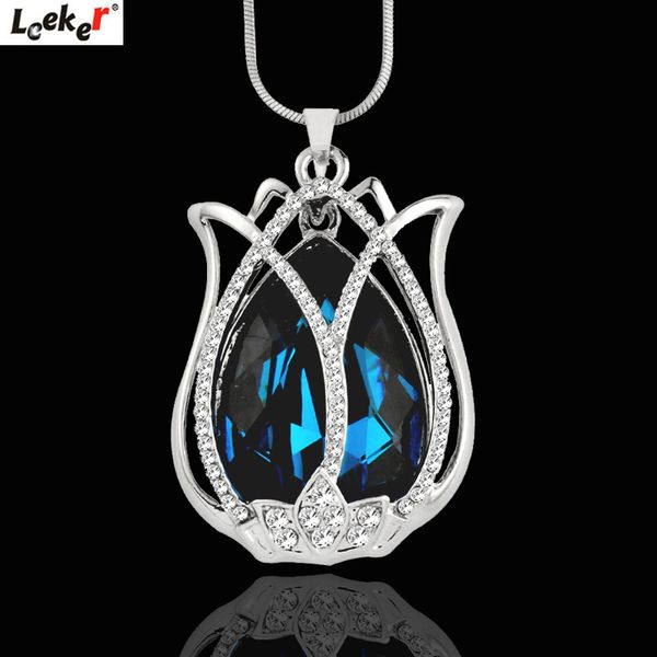 

leeker blue rhinestone tulip flower pendant long necklace snake chain women statement jewelry 309 lk4, Silver