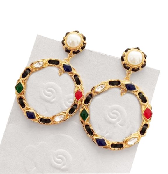 

pearl hollow round dangle earring w/ colored stones and leather new jewelry accessories pretty women gift, Golden;silver