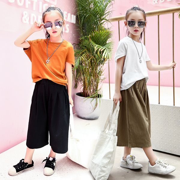 

girls clothing sets summer kids loose wide leg pants suits children short sleeve teens girls clothes 4 6 8 10 12 13 years, White
