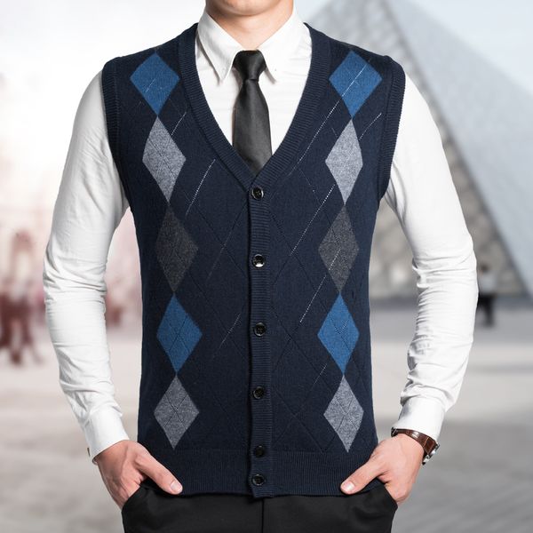 

new arrival 2020 autumn winter mens argyle buttoned wool sweater vest cardigan, White;black