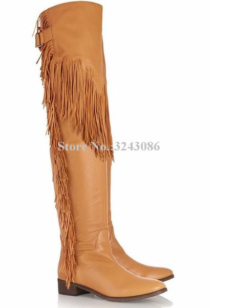

new fringe woman flat with long boots black yellow leather tassels over the knee boots lady large size casual shoes dropship