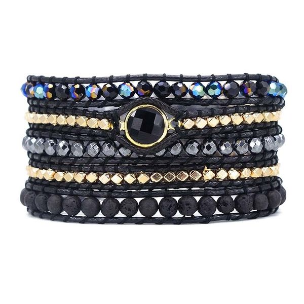 

men and women vegan bohemian black mix natural stone beadwork 5 wraps bracelet jewellery j190625, Golden;silver