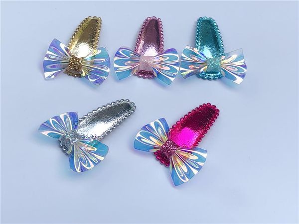 

20pcs boutique cute laser bow snap clips hairpins solid pu leather bowknot barrettes princess headwear fashion hair accessories, Slivery;white