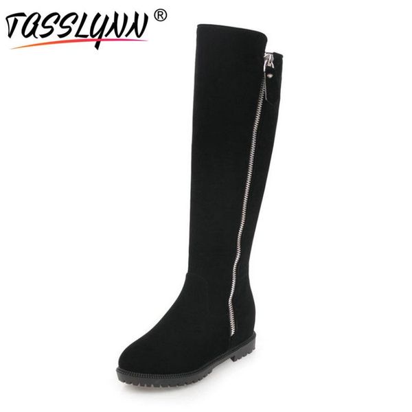 

tasslynn 2020 winter shoes all-match wedges med-heel ladies shoes round toe zipper convenient women knee-high boots platform 1cm, Black