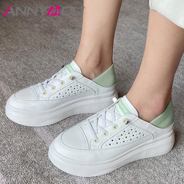 

annymoli natural genuine leather flat casual shoes woman flat platform shoes cutouts round toe ladies footwear sneakers green, Black