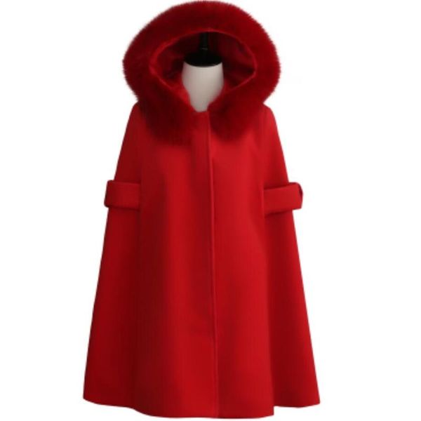 

women's wool & blends plus size 3xl fur collar shawl cape woolen coat women winter mid-length thick loose cashmere, Black