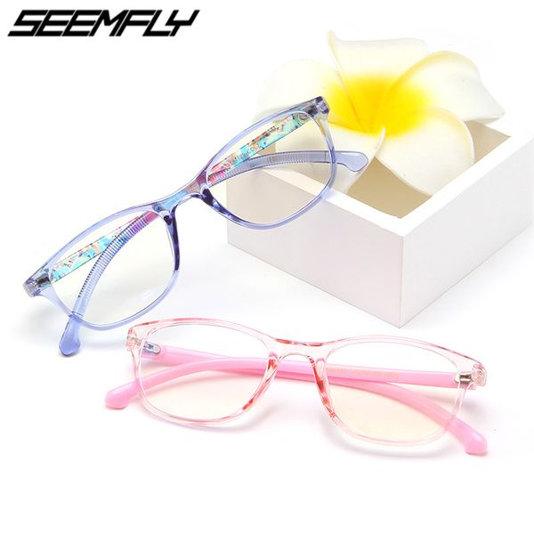 

seemfly oval frame kids anti blue light glasses tr90 ultralight clear lens eyeglasses plain mirror boys girls computer goggles, Black
