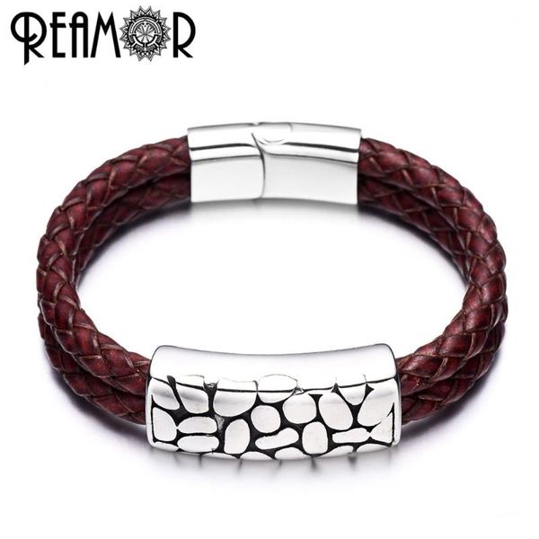 

REAMOR Vintage Double Braided Leather Men Bracelets 316L Stainless Steel Irregular Beads Bracelet & Bangle Wristband Jewelry