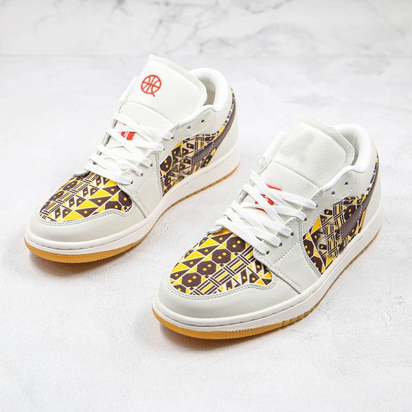 

2020 jumpmen 1 low basketball shoes white brown geometric patterns graffiti casual trianer outdoor shoes sport sneakers, White;red