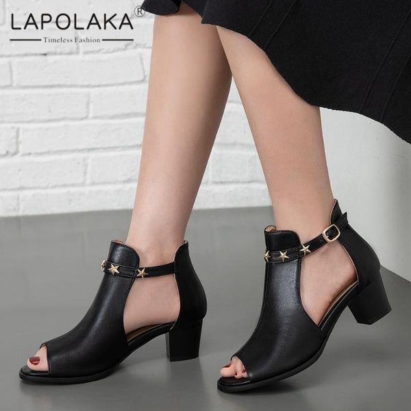 

sandals lapolaka 2021 fashion plus size 48 buckle strap office lady woman shoes peep toe chunky heels, Black