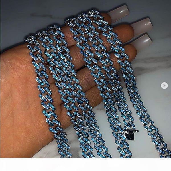 

new 9mm iced out women choker necklace silver rose gold metal cuban link full with pink blue cubic zirconia stones chain jewelry