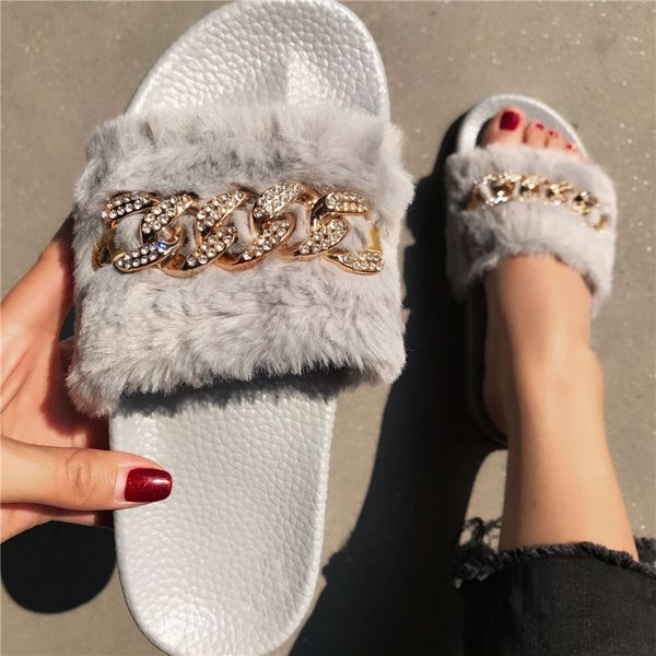 

fashionable chain plush slippers summer outdoor flash rhinestone female slippers indoor non-slip comfortable flip-flops, Black