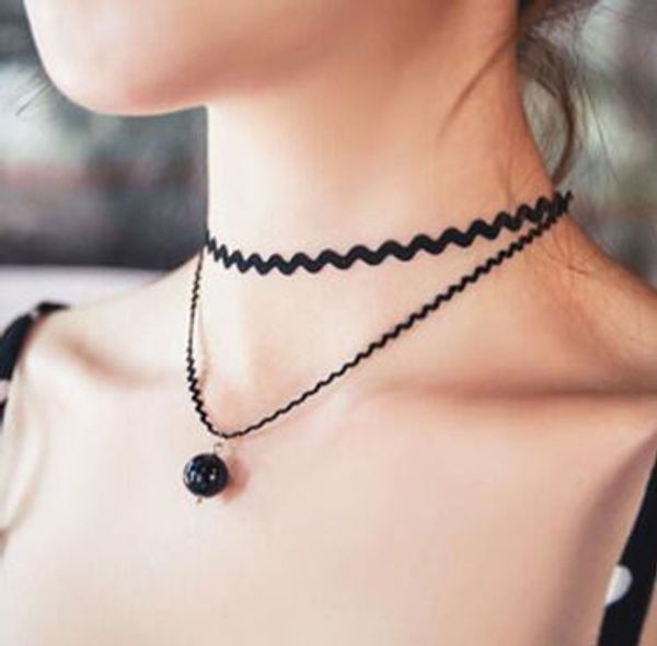 

korean wave black lace ultra short neck chain pearl double clavicle chain women's jewelry short money chain, Silver