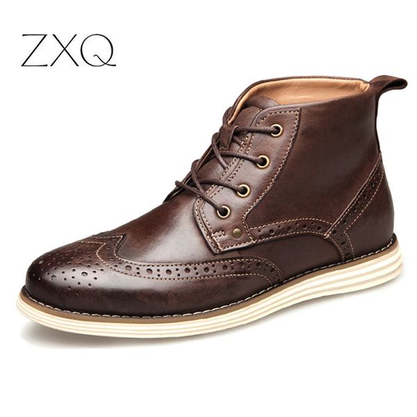 

boots brand fashion brogue men big size winter autumn shoes lace-up male dress handmade business, Black