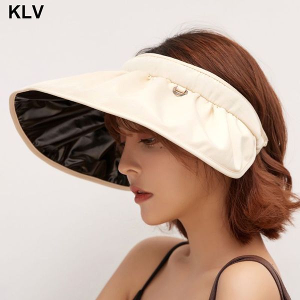 

women summer solid color empty sun hat uv protection large wide brim shell shaped foldable outdoor beach visor cap, Blue;gray