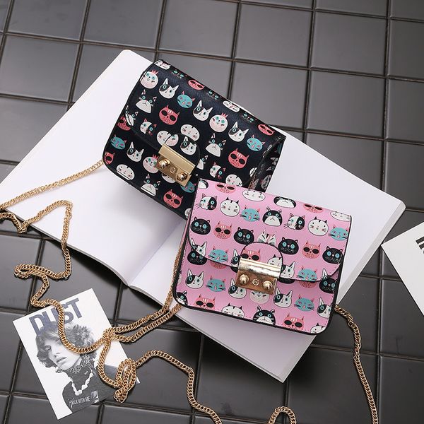 

fashion women pu leather metal chain shoulder bag cute cartoon cat head graffiti beach bag popular ladies messenger bags bolsas
