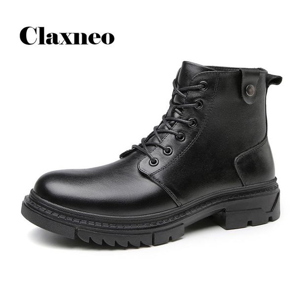 

claxneo man work boots high 2020 spring autumn male leather shoes genuine leather motorcycle shoe men's boot design big size, Black