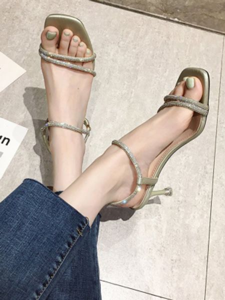 

2020 summer new sandals female fairy style fine heel fashion wild rhinestone high heel open toe two wearing roman women's shoes, Black