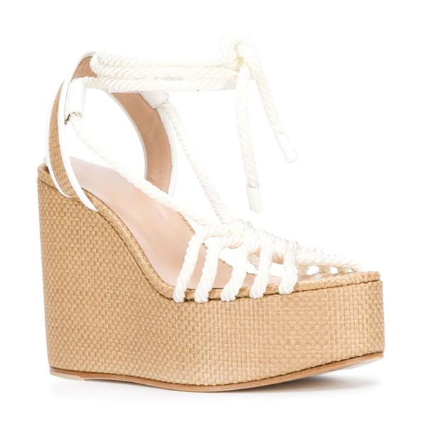 

summer bohemia rope knot platform sandals girl's super wedge heels ankle strap bandge female vacation sandalias, Black