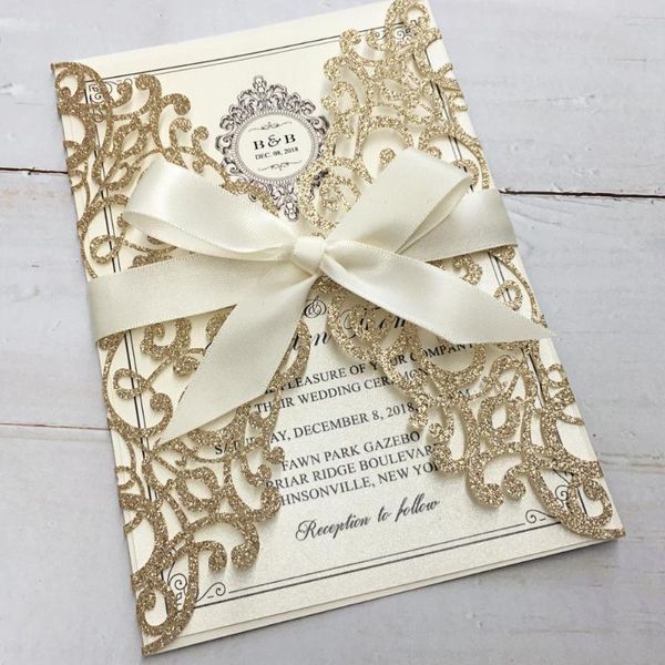 

greeting cards picky bride 50pcs luxury glitter gold wedding invitations, pearl invitation for with envelope - set of 50 pcs