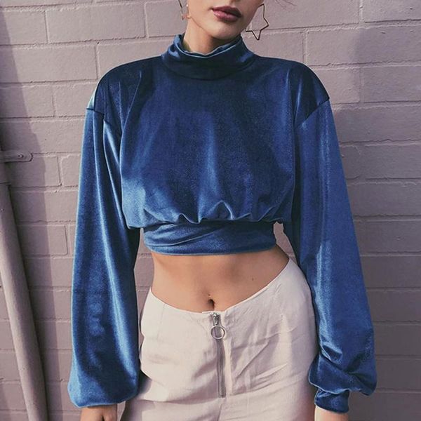 

fashion spring velour sweatshirt lantern sleeve turtlneck cropped hoodie social pure color pullovers sweatshirt women, Black