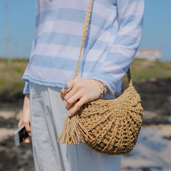 

us stock women shoulder bags straw flap ladies bohemian crossbody bags handmade woven beach tassel