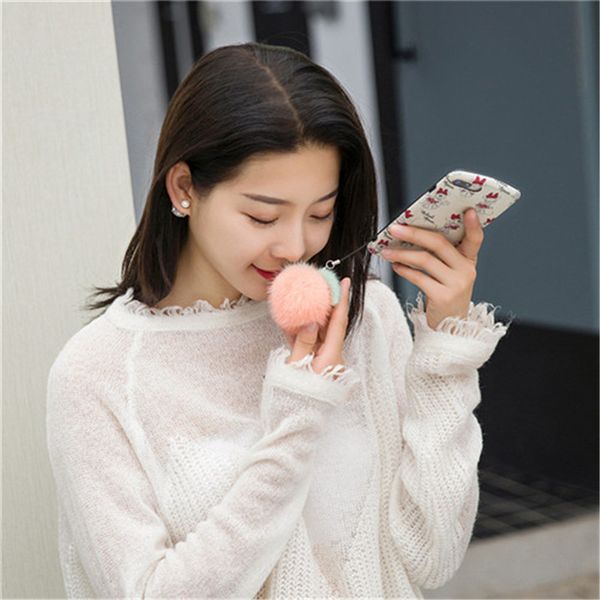 

6cm real mink fur fruit keyring pompom ball doll toy bag charm key chain accessories phone purse handbag, Silver
