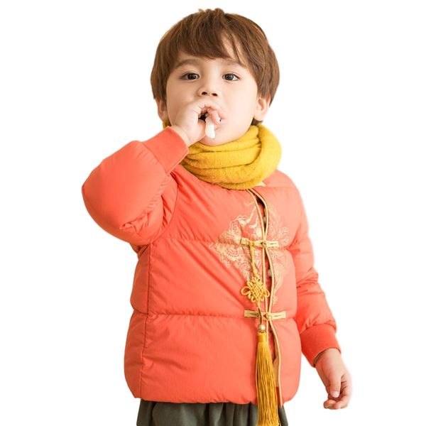 

original children's wear, stand collar, chinese style buckle dragon phoenix totem, qianlong tongbao pendant, long sleeve down liner, Blue;gray