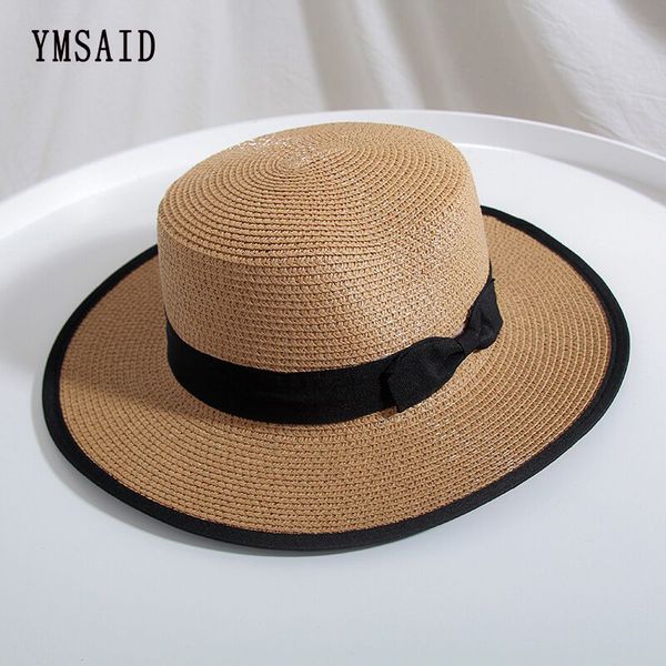 

new summer women boater beach hat female casual panama hat lady ribbon classic bowknot flat sun wide brim anti-uv travel, Blue;gray