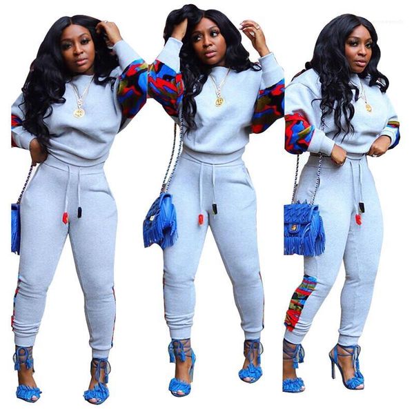 

womens tracksuits fashion panelled color loose suit long sleeve crew neck tshirt long pants style, Gray