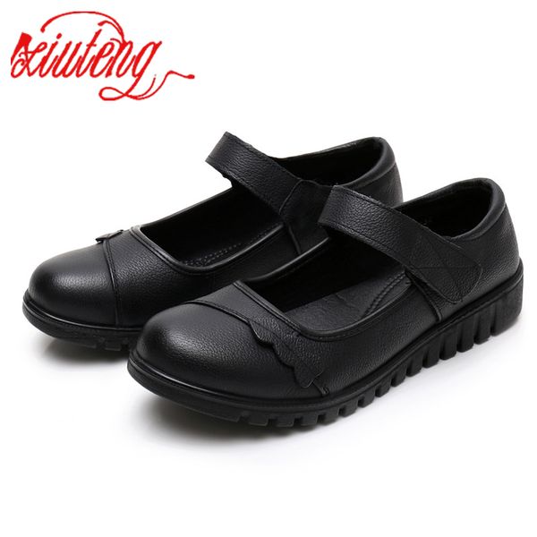 

xiuteng 2020 spring and autumn women's leather mother shoes soft soles shoes round toe flat mouth casual leather flat, Black