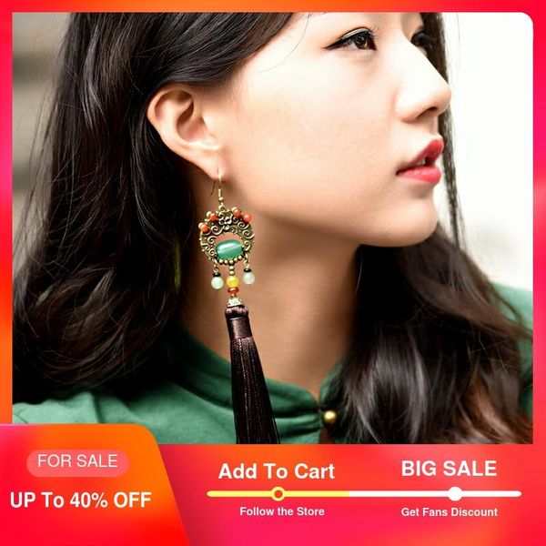 

ethnic fringe earrings for women long brown tassel drop green carnelian stone beads bronze hook style vintage jewelry 2020, Silver