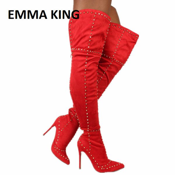 

emma king shoes women rivet embellished boots red over the knee boots female autumn winter lady thigh high 2020, Black