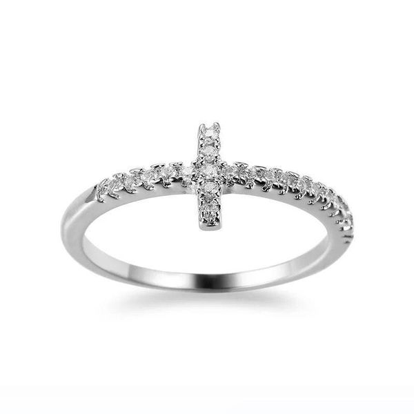 

slim white cross rings for women new 2020 spring europe gold plated cubic zircon, Golden;silver