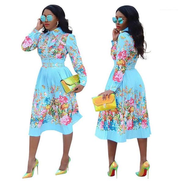 

sleeve clothing floral womens designer dress printed lapel neck womens dress casual female long, Black;gray